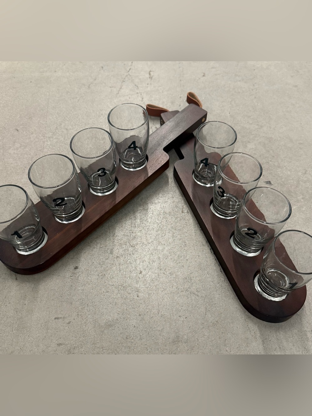 Set of 2 Wood “Flight” Boards with 4 Glasses each and leather loop for hanging.